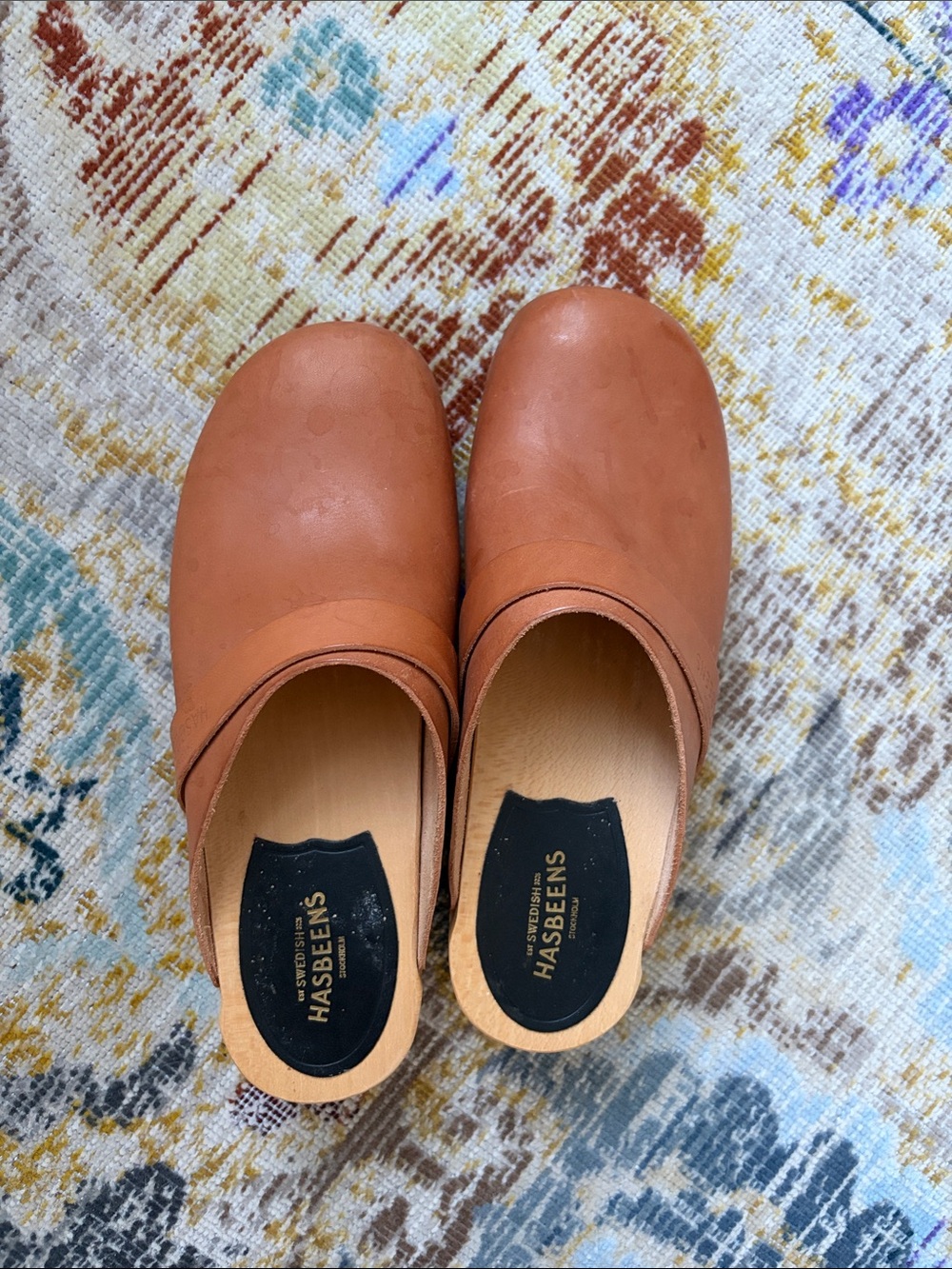 Swedish Hasbeens Tan Leather Clogs